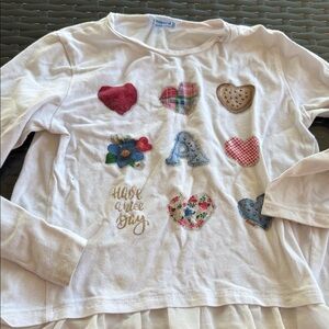 Mayoral White Long Sleeve Top with Multicolor Heart & Flower Appliqués